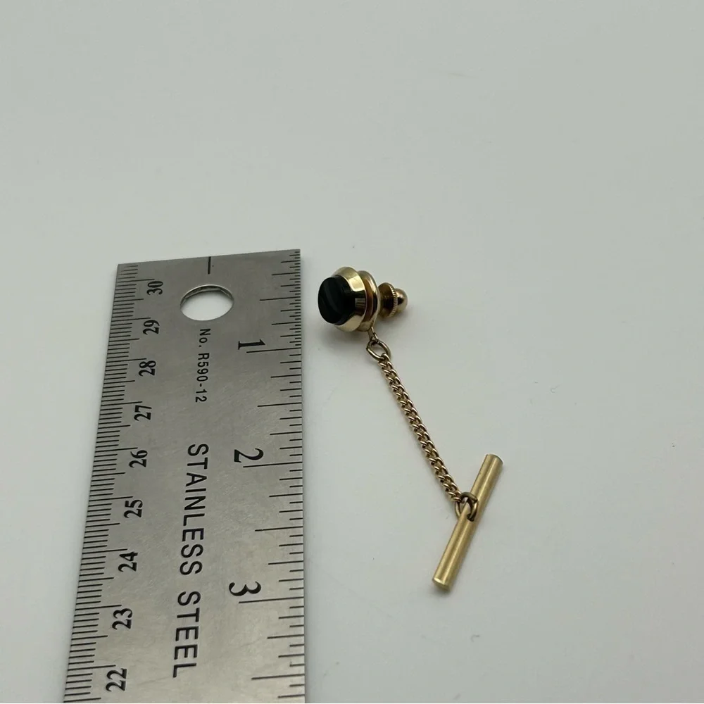 Men's Round Faux Black Stone Tie Tack with Gold Tone Chain Classic Elegant